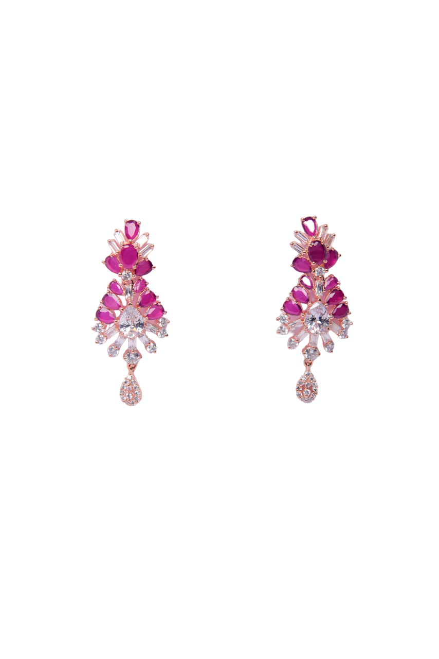 Dazzle with Floral Charm: Rose Gold Rhodium-Plated Magenta Ruby Teardrop Earrings